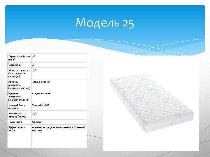 Модель 25 Гарантийный срок 36 (мес. ) Высота (см) 21 Макс. нагрузка на одно