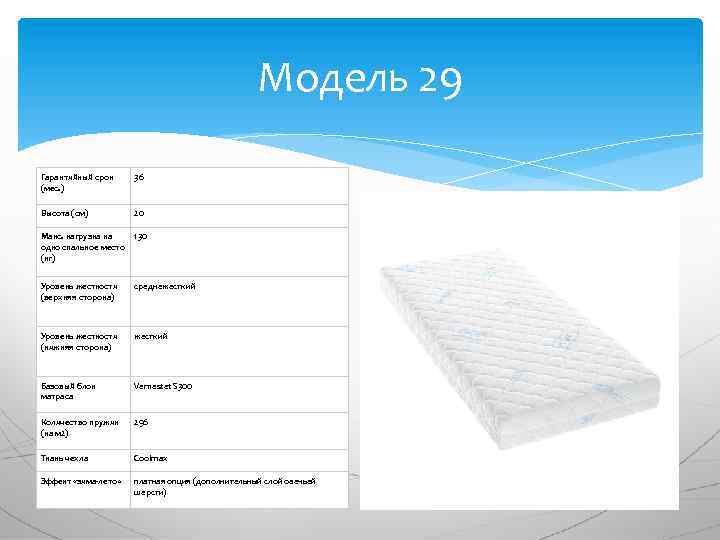 Модель 29 Гарантийный срок (мес. ) 36 Высота (см) 20 Макс. нагрузка на одно