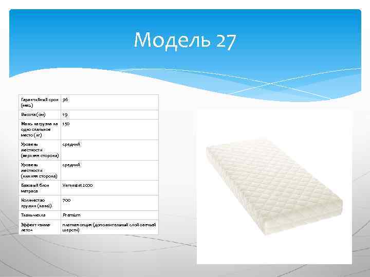 Модель 27 Гарантийный срок 36 (мес. ) Высота (см) 19 Макс. нагрузка на одно