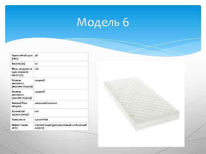 Модель 6 Гарантийный срок 36 (мес. ) Высота (см) 14 Макс. нагрузка на одно