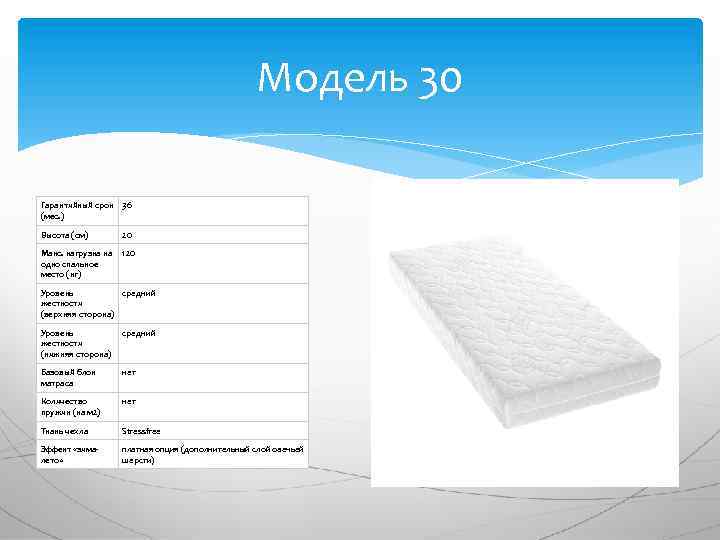 Модель 30 Гарантийный срок 36 (мес. ) Высота (см) 20 Макс. нагрузка на одно