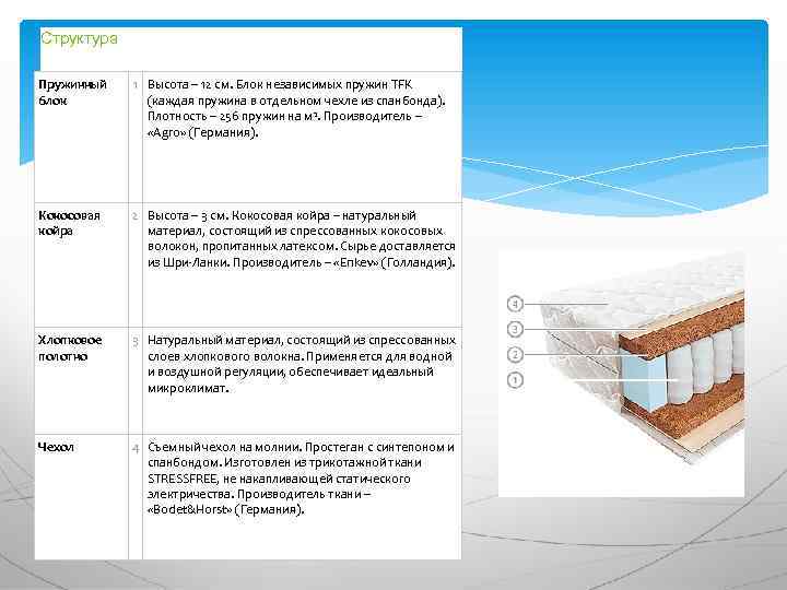 Структура Пружинный блок 1 Высота – 12 см. Блок независимых пружин TFK (каждая пружина