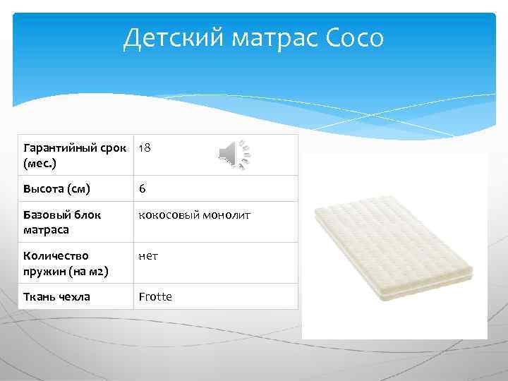 Детский матрас Coco Гарантийный срок 18 (мес. ) Высота (см) 6 Базовый блок матраса