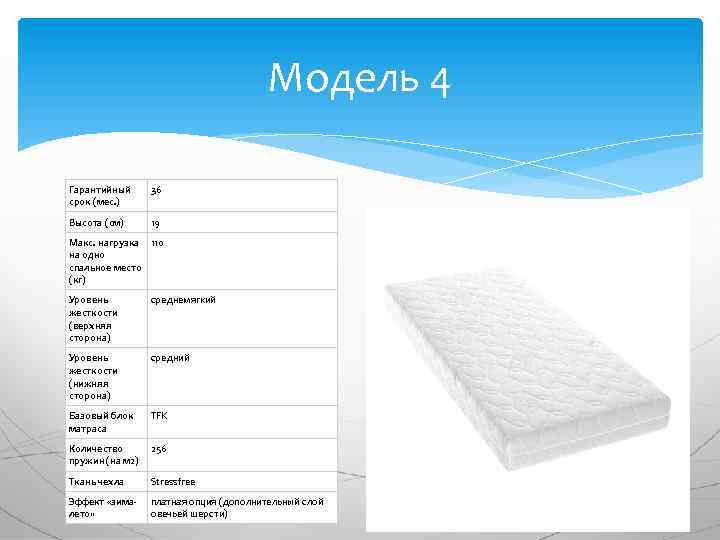 Модель 4 Гарантийный срок (мес. ) 36 Высота (см) 19 Макс. нагрузка 110 на