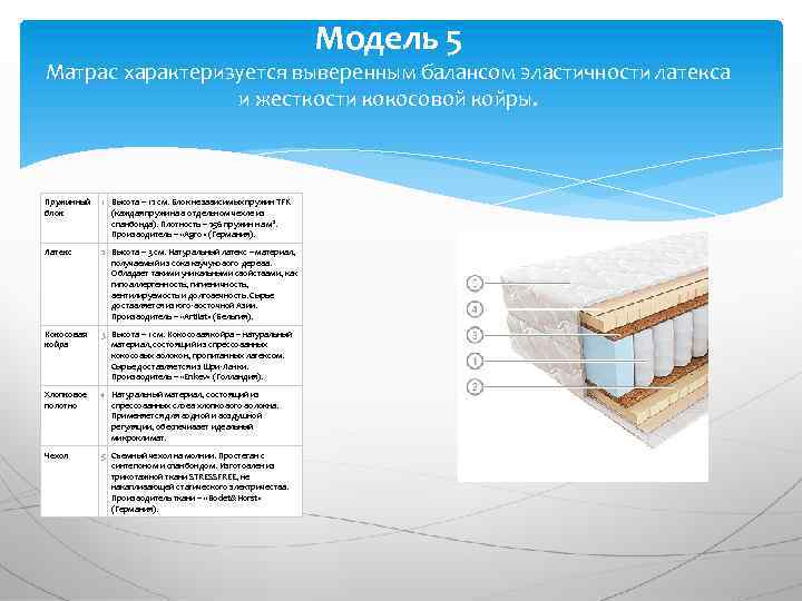 Модель 5 Матрас характеризуется выверенным балансом эластичности латекса и жесткости кокосовой койры. Пружинный блок