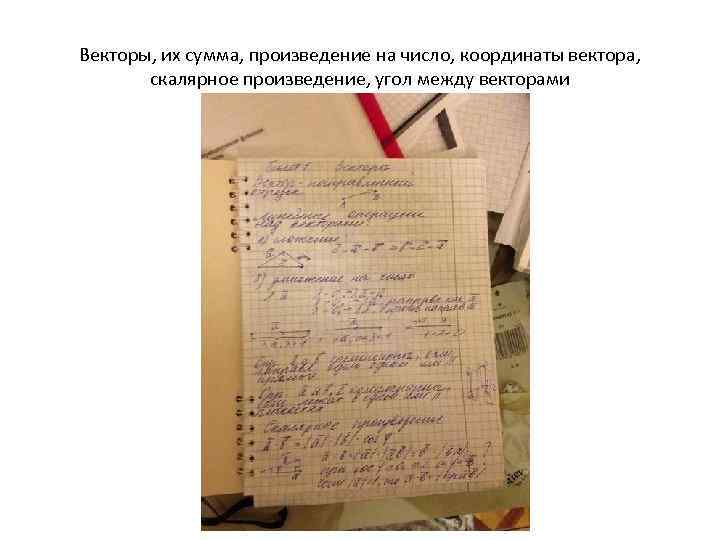Векторы, их сумма, произведение на число, координаты вектора, скалярное произведение, угол между векторами 