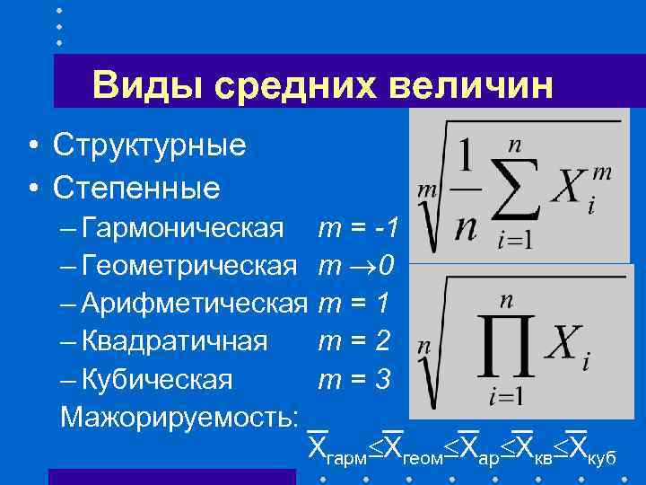 Виды средних величин • Структурные • Степенные – Гармоническая m = -1 – Геометрическая