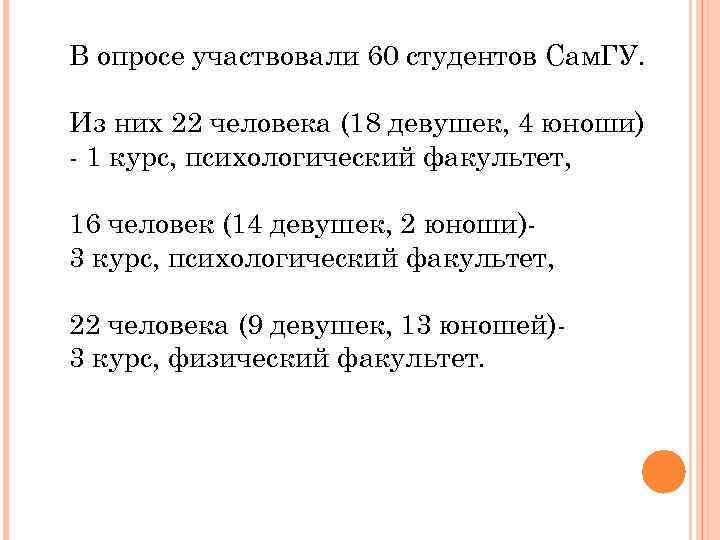 В опросе участвовали 60 студентов Сам. ГУ. Из них 22 человека (18 девушек, 4