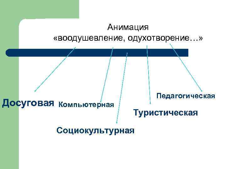 Анимация «воодушевление, одухотворение…» Досуговая Педагогическая Компьютерная Туристическая Социокультурная 