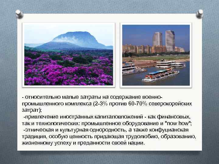 - относительно малые затраты на содержание военнопромышленного комплекса (2 -3% против 60 -70% северокорейских