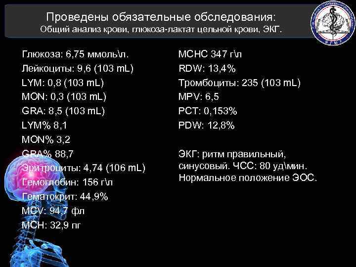 Проведены обязательные обследования: Общий анализ крови, глюкоза-лактат цельной крови, ЭКГ. Глюкоза: 6, 75 ммольл.