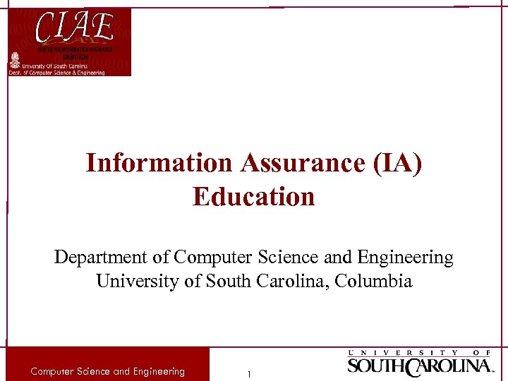 Information Assurance (IA) Education Department of Computer Science and Engineering University of South Carolina,