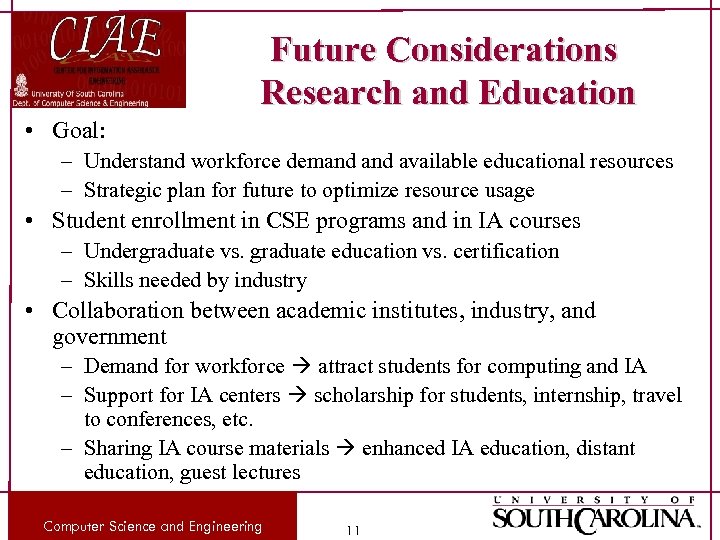 Future Considerations Research and Education • Goal: – Understand workforce demand available educational resources