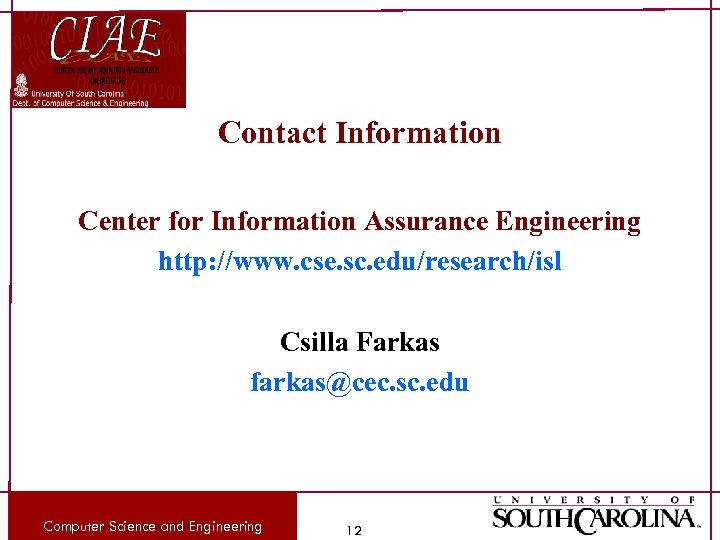 Contact Information Center for Information Assurance Engineering http: //www. cse. sc. edu/research/isl Csilla Farkas