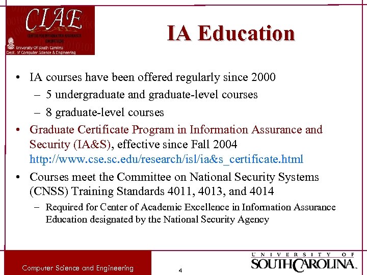 IA Education • IA courses have been offered regularly since 2000 – 5 undergraduate