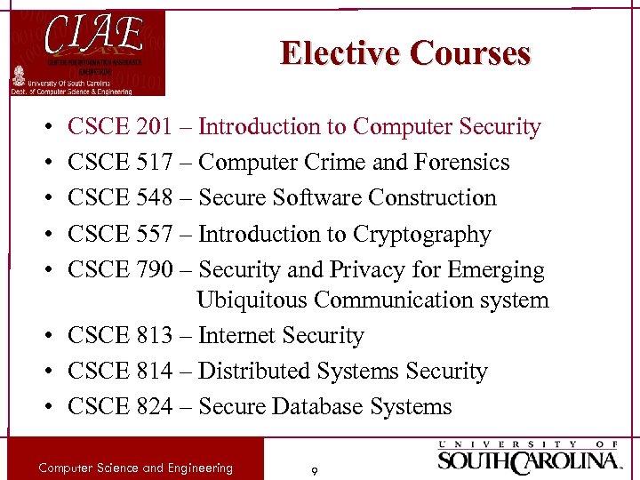 Elective Courses • • • CSCE 201 – Introduction to Computer Security CSCE 517