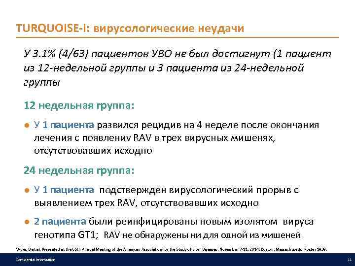 TURQUOISE-I: вирусологические неудачи У 3. 1% (4/63) пациентов УВО не был достигнут (1 пациент