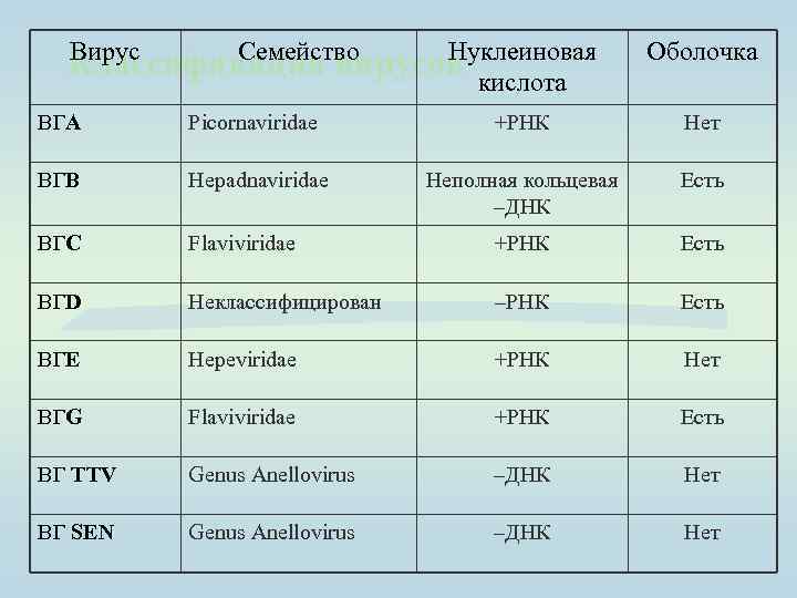 Вирус Семейство Нуклеиновая Классификация вирусов кислота Оболочка ВГА Picornaviridae +РНК Нет ВГВ Hepadnaviridae Неполная