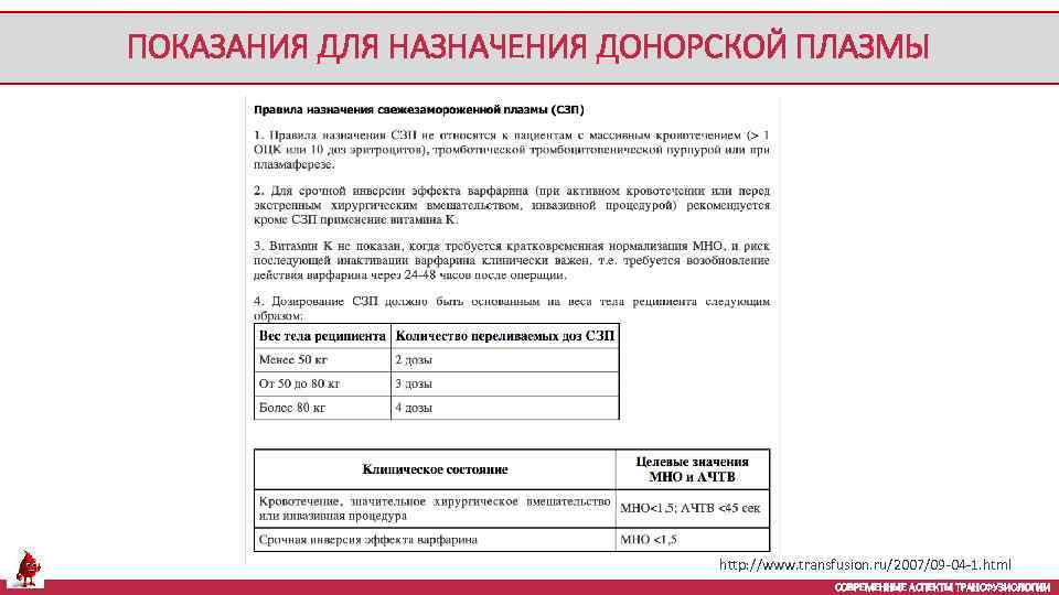 ПОКАЗАНИЯ ДЛЯ НАЗНАЧЕНИЯ ДОНОРСКОЙ ПЛАЗМЫ http: //www. transfusion. ru/2007/09 -04 -1. html СОВРЕМЕННЫЕ АСПЕКТЫ