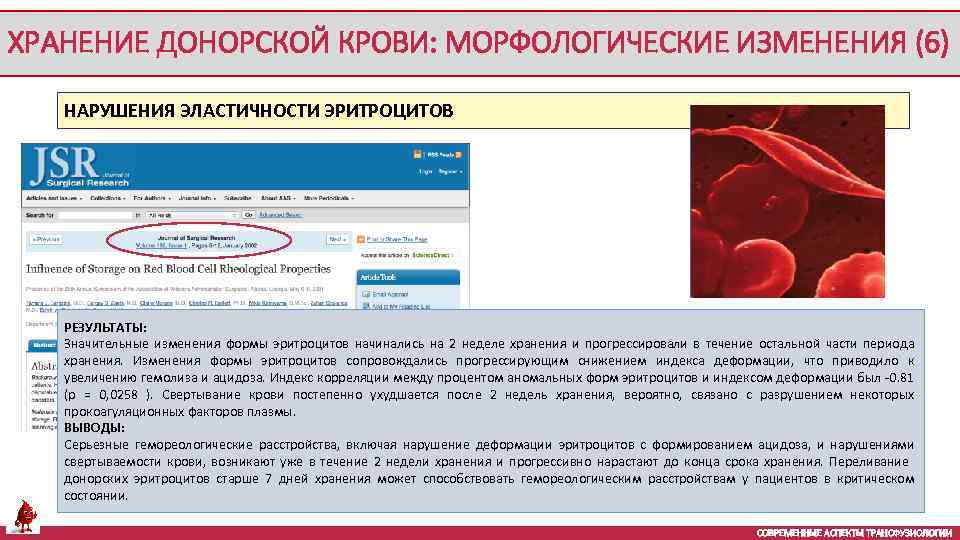 ХРАНЕНИЕ ДОНОРСКОЙ КРОВИ: МОРФОЛОГИЧЕСКИЕ ИЗМЕНЕНИЯ (6) НАРУШЕНИЯ ЭЛАСТИЧНОСТИ ЭРИТРОЦИТОВ РЕЗУЛЬТАТЫ: Значительные изменения формы эритроцитов