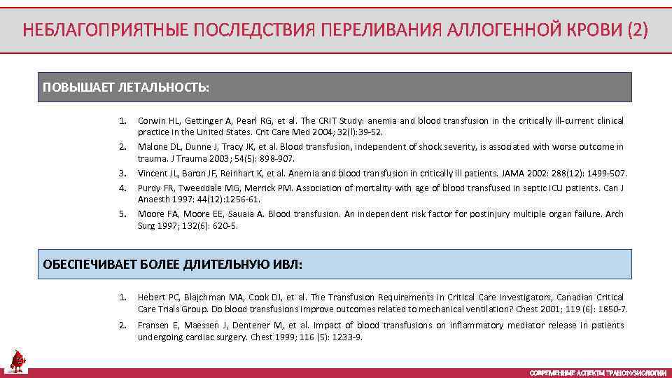 НЕБЛАГОПРИЯТНЫЕ ПОСЛЕДСТВИЯ ПЕРЕЛИВАНИЯ АЛЛОГЕННОЙ КРОВИ (2) ПОВЫШАЕТ ЛЕТАЛЬНОСТЬ: 1. 2. 3. 4. 5. Corwin