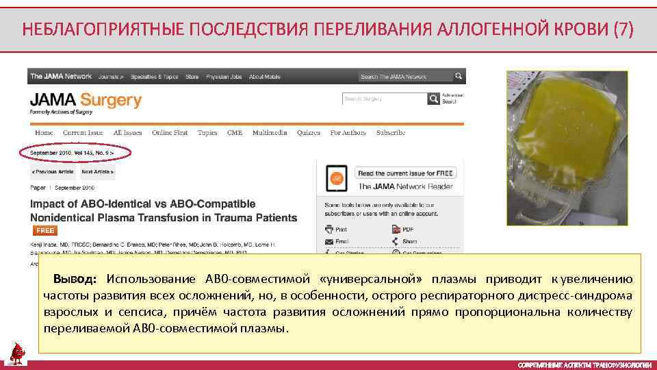 НЕБЛАГОПРИЯТНЫЕ ПОСЛЕДСТВИЯ ПЕРЕЛИВАНИЯ АЛЛОГЕННОЙ КРОВИ (7) Вывод: Использование АВ 0 -совместимой «универсальной» плазмы приводит
