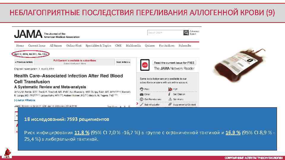 НЕБЛАГОПРИЯТНЫЕ ПОСЛЕДСТВИЯ ПЕРЕЛИВАНИЯ АЛЛОГЕННОЙ КРОВИ (9) 18 исследований: 7593 реципиентов Риск инфицирования 11, 8