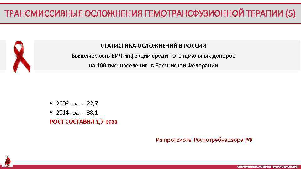 ТРАНСМИССИВНЫЕ ОСЛОЖНЕНИЯ ГЕМОТРАНСФУЗИОННОЙ ТЕРАПИИ (5) СТАТИСТИКА ОСЛОЖНЕНИЙ В РОССИИ Выявляемость ВИЧ инфекции среди потенциальных