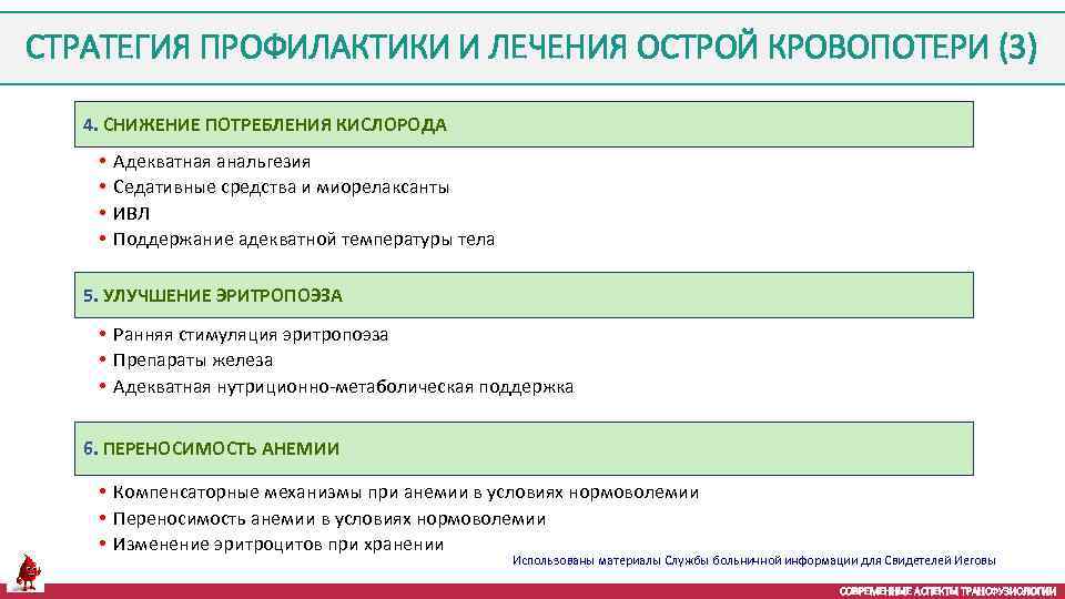 СТРАТЕГИЯ ПРОФИЛАКТИКИ И ЛЕЧЕНИЯ ОСТРОЙ КРОВОПОТЕРИ (3) 4. СНИЖЕНИЕ ПОТРЕБЛЕНИЯ КИСЛОРОДА • • Адекватная