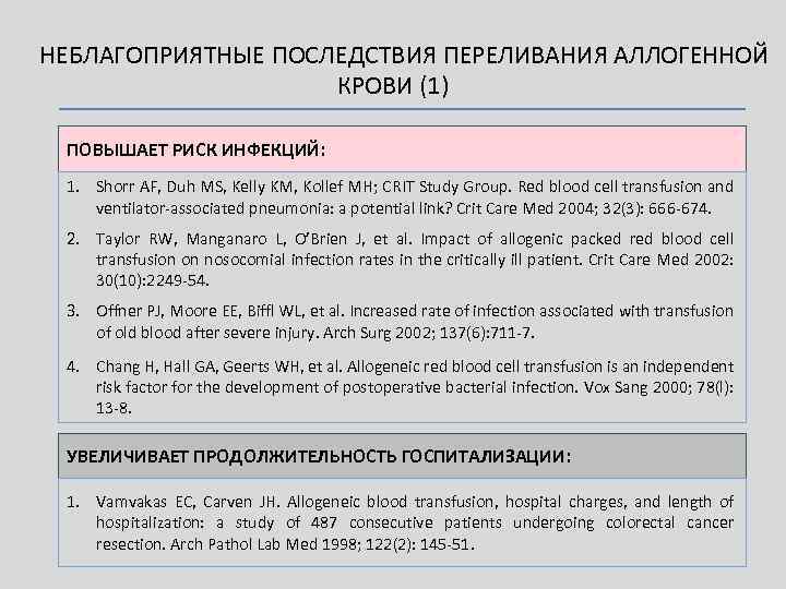 НЕБЛАГОПРИЯТНЫЕ ПОСЛЕДСТВИЯ ПЕРЕЛИВАНИЯ АЛЛОГЕННОЙ КРОВИ (1) ПОВЫШАЕТ РИСК ИНФЕКЦИЙ: 1. Shorr AF, Duh MS,