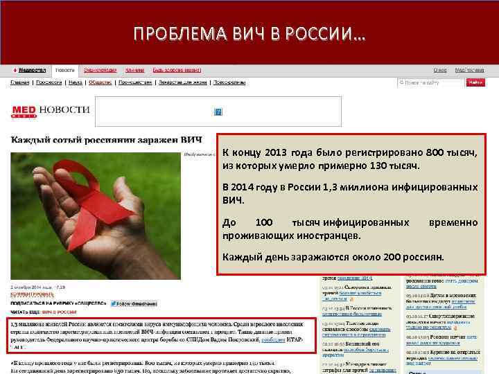 ПРОБЛЕМА ВИЧ В РОССИИ… К концу 2013 года было регистрировано 800 тысяч, из которых