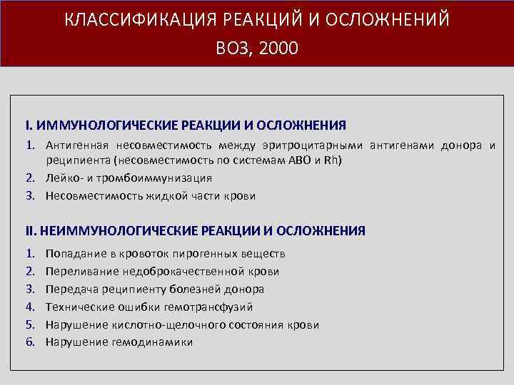 КЛАССИФИКАЦИЯ РЕАКЦИЙ И ОСЛОЖНЕНИЙ ВОЗ, 2000 I. ИММУНОЛОГИЧЕСКИЕ РЕАКЦИИ И ОСЛОЖНЕНИЯ 1. Антигенная несовместимость