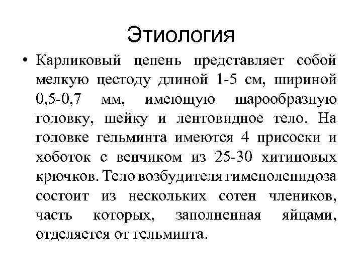 Этиология • Карликовый цепень представляет собой мелкую цестоду длиной 1 -5 см, шириной 0,