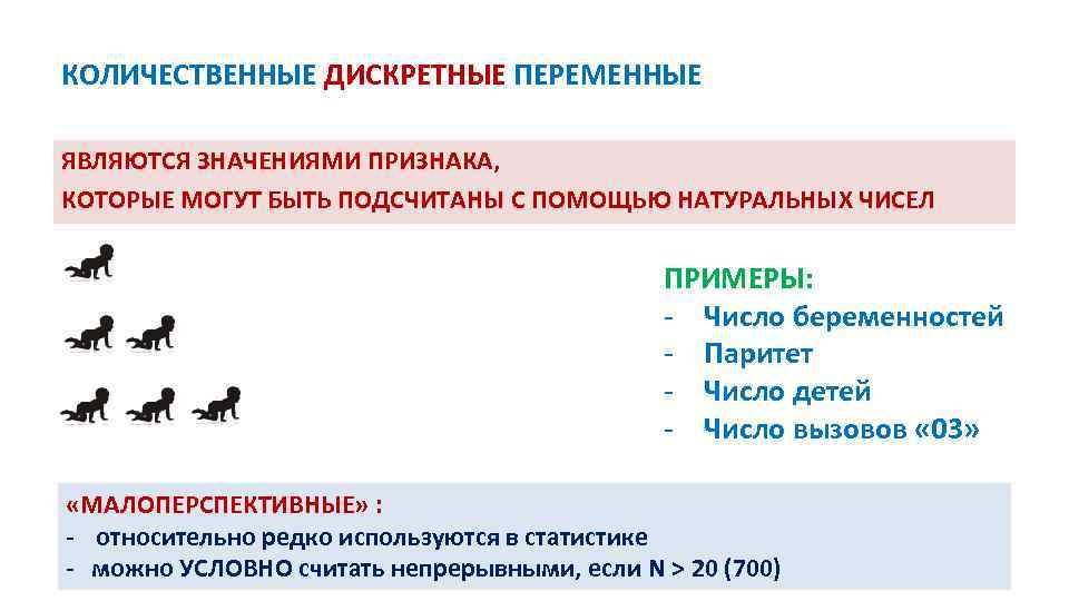 КОЛИЧЕСТВЕННЫЕ ДИСКРЕТНЫЕ ПЕРЕМЕННЫЕ ЯВЛЯЮТСЯ ЗНАЧЕНИЯМИ ПРИЗНАКА, КОТОРЫЕ МОГУТ БЫТЬ ПОДСЧИТАНЫ С ПОМОЩЬЮ НАТУРАЛЬНЫХ ЧИСЕЛ