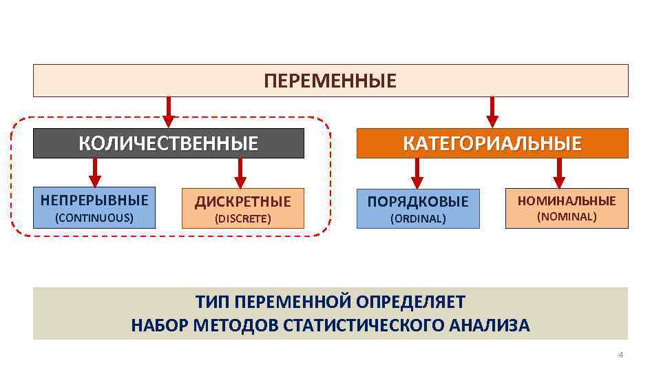 ПЕРЕМЕННЫЕ КОЛИЧЕСТВЕННЫЕ НЕПРЕРЫВНЫЕ (CONTINUOUS) ДИСКРЕТНЫЕ (DISCRETE) КАТЕГОРИАЛЬНЫЕ ПОРЯДКОВЫЕ НОМИНАЛЬНЫЕ (ORDINAL) (NOMINAL) ТИП ПЕРЕМЕННОЙ ОПРЕДЕЛЯЕТ