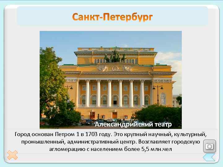Казанский крепость Адмиралтейские театр Университет Дворцовый верфи Петропавловская собор Александрийскиймост Город основан Петром 1