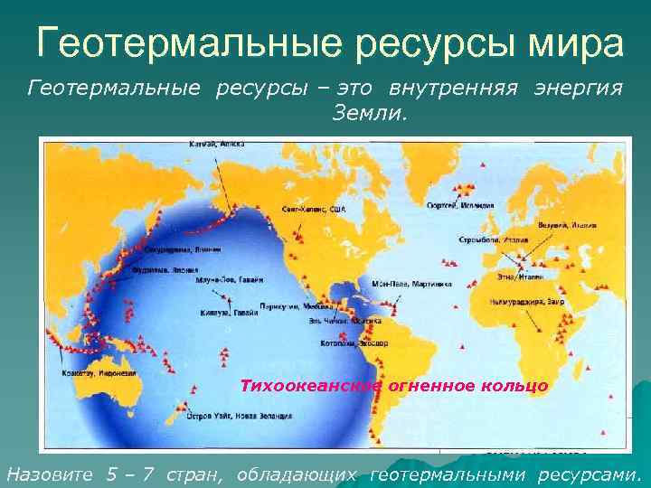 Геотермальные ресурсы мира Геотермальные ресурсы – это внутренняя энергия Земли. Тихоокеанское огненное кольцо Назовите