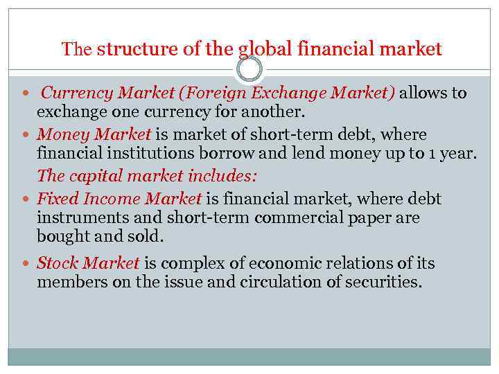 The structure of the global financial market Currency Market (Foreign Exchange Market) allows to