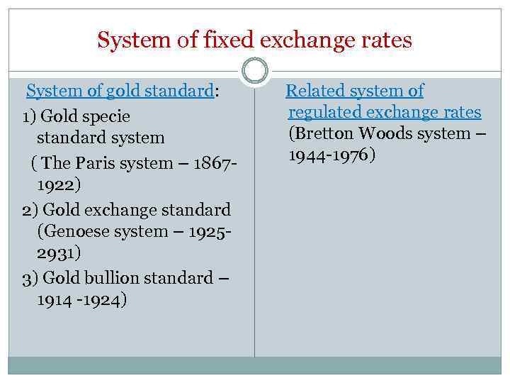 System of fixed exchange rates System of gold standard: 1) Gold specie standard system