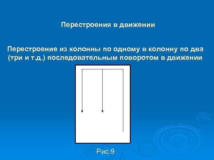 Перестроения в движении Перестроение из колонны по одному в колонну по два (три и