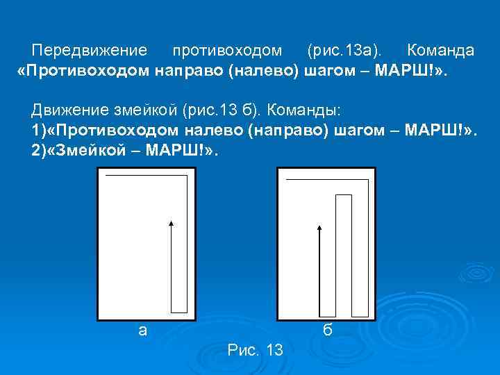 Передвижение противоходом (рис. 13 а). Команда «Противоходом направо (налево) шагом – МАРШ!» . Движение