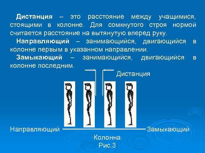 Дистанция – это расстояние между учащимися, стоящими в колонне. Для сомкнутого строя нормой считается