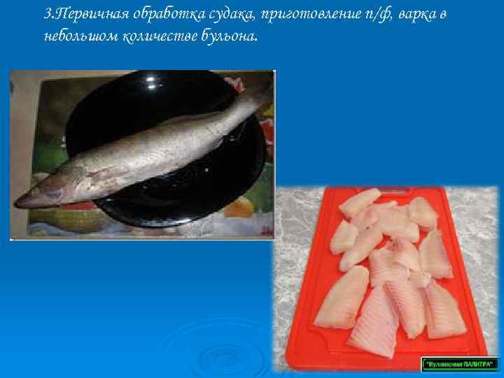 3. Первичная обработка судака, приготовление п/ф, варка в небольшом количестве бульона. 