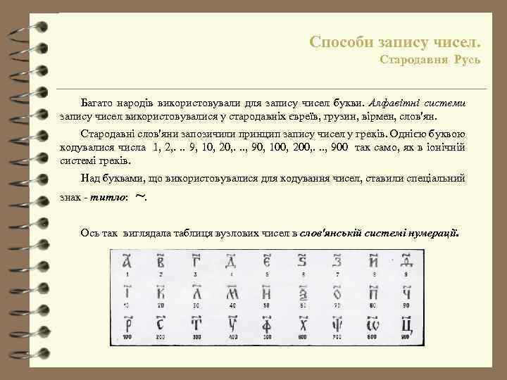 Способи запису чисел. Стародавня Русь Багато народів використовували для запису чисел букви. Алфавітні системи