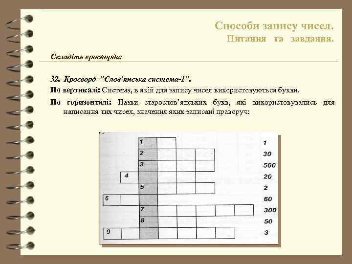 Способи запису чисел. Питання та завдання. Складіть кросворди: 32. Кросворд "Слов'янська система-1". По вертикалі: