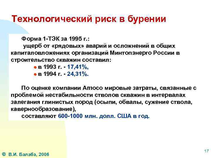 Технологический риск в бурении Форма 1 -ТЭК за 1995 г. : ущерб от «рядовых»