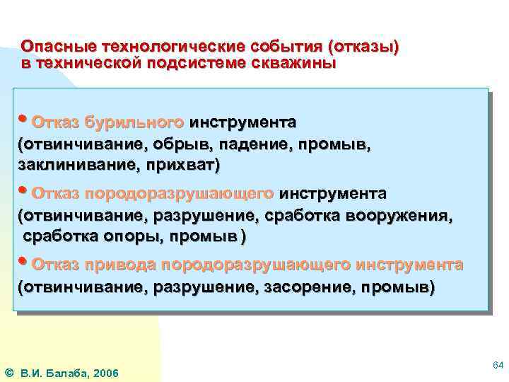 Опасные технологические события (отказы) в технической подсистеме скважины • Отказ бурильного инструмента (отвинчивание, обрыв,