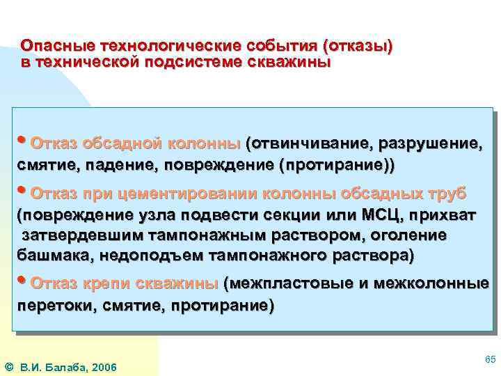 Опасные технологические события (отказы) в технической подсистеме скважины • Отказ обсадной колонны (отвинчивание, разрушение,
