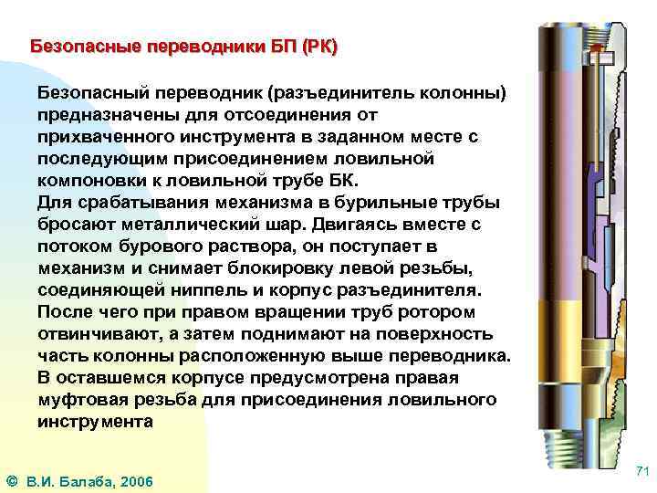 Безопасные переводники БП (РК) Безопасный переводник (разъединитель колонны) предназначены для отсоединения от прихваченного инструмента