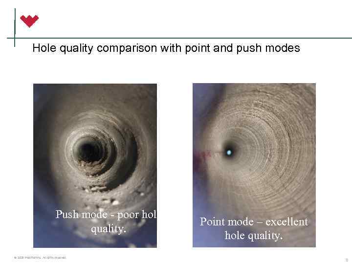 Hole quality comparison with point and push modes Push mode - poor hole quality.